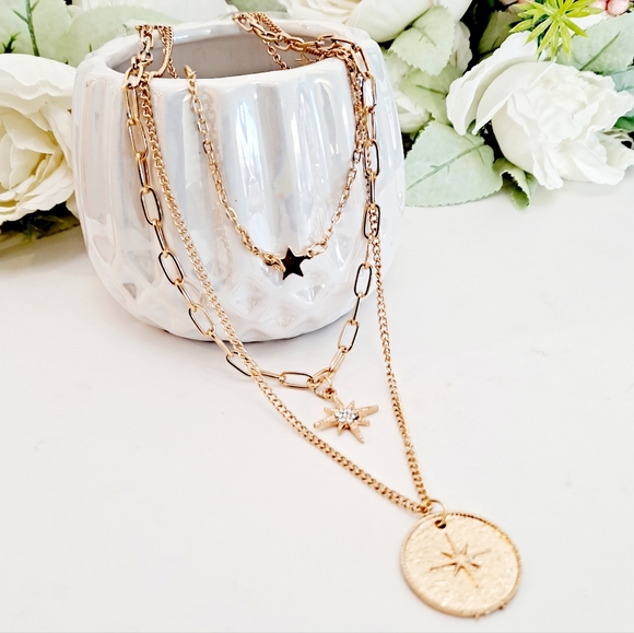 Chunky Gold chain layered boho statement necklace set star pendant charm - Picture 5 of 10